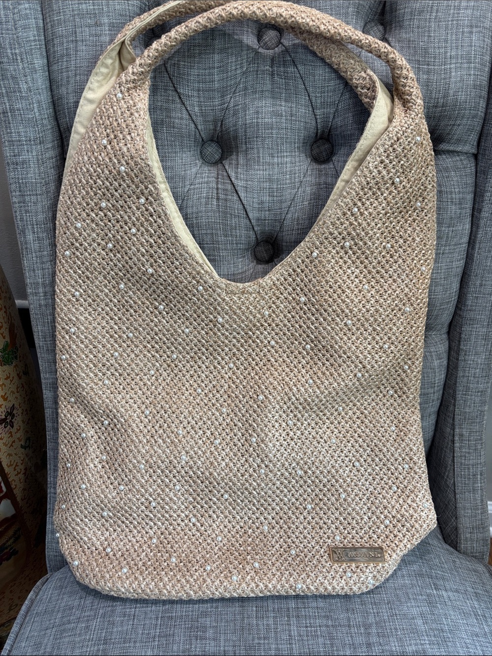 Woven Pearl-Accent Tote Bag in Beige by AMIANI